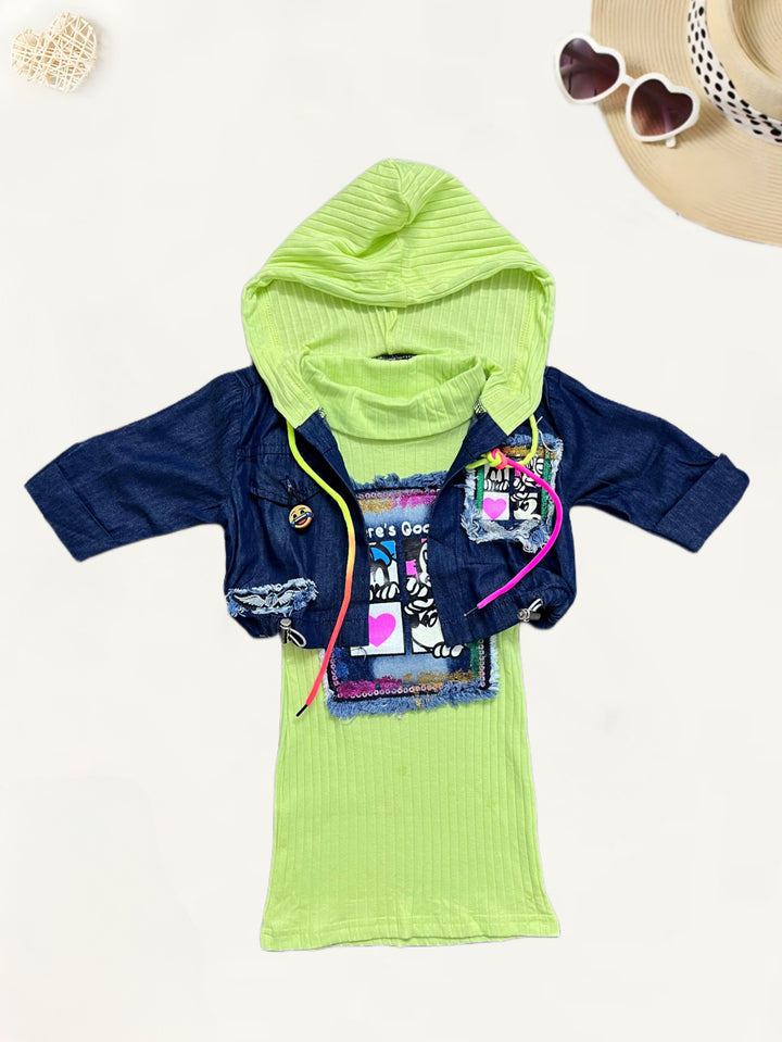 Girls Hooded Neon Green 2 Piece Dress [GD-7289] (1-6Years)