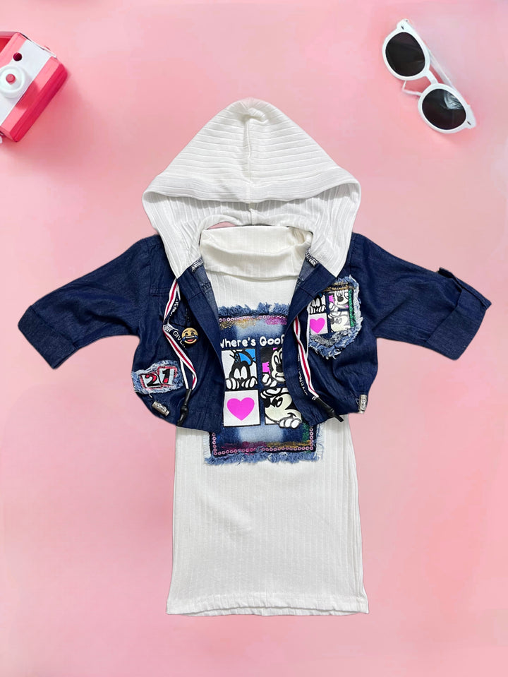 Girls Hooded White 2 Piece Dress [GD-7288] (1-6Years)