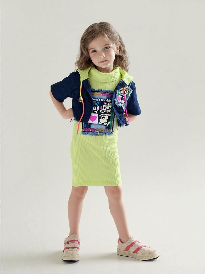 Girls Hooded Neon Green 2 Piece Dress [GD-7289] (1-6Years)