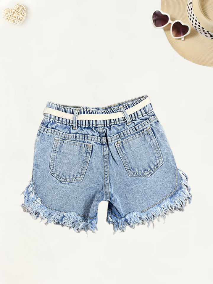 Girls Distress Ice-Blue Denim Shorts[GS-946] [4-12Years]