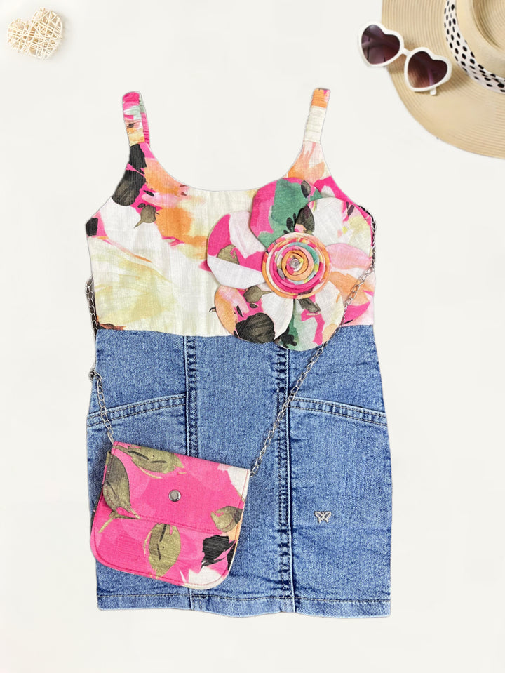 Girls Denim Printed Dress With Purse [GD-9192] (1-6Years)