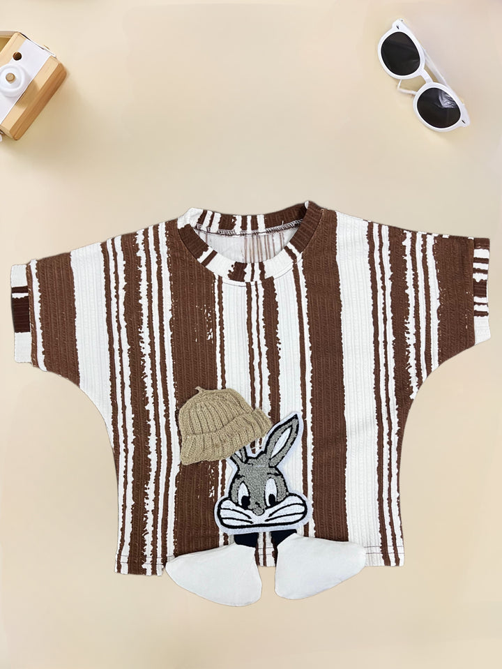 Girl's Striped Cartoon Brown Co-Ord Set [GCS-7231](4-12 Years)