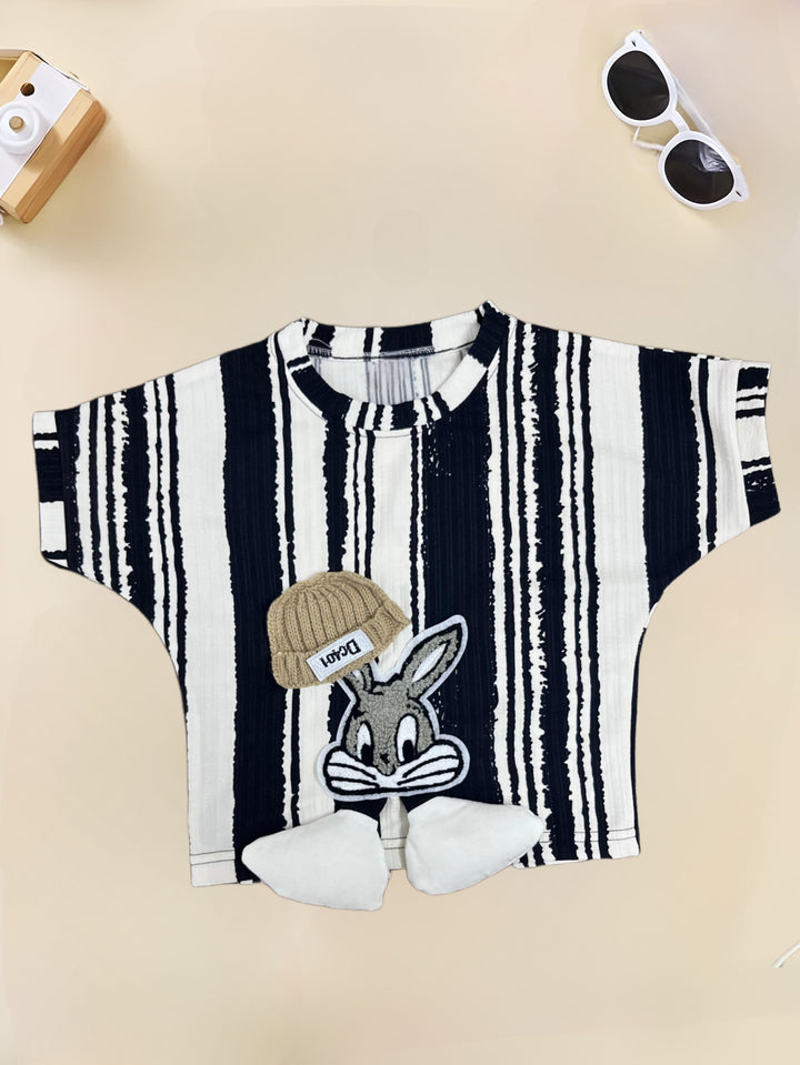 Girl's Striped Cartoon Black Co-Ord Set [GCS-7227](4-12 Years)