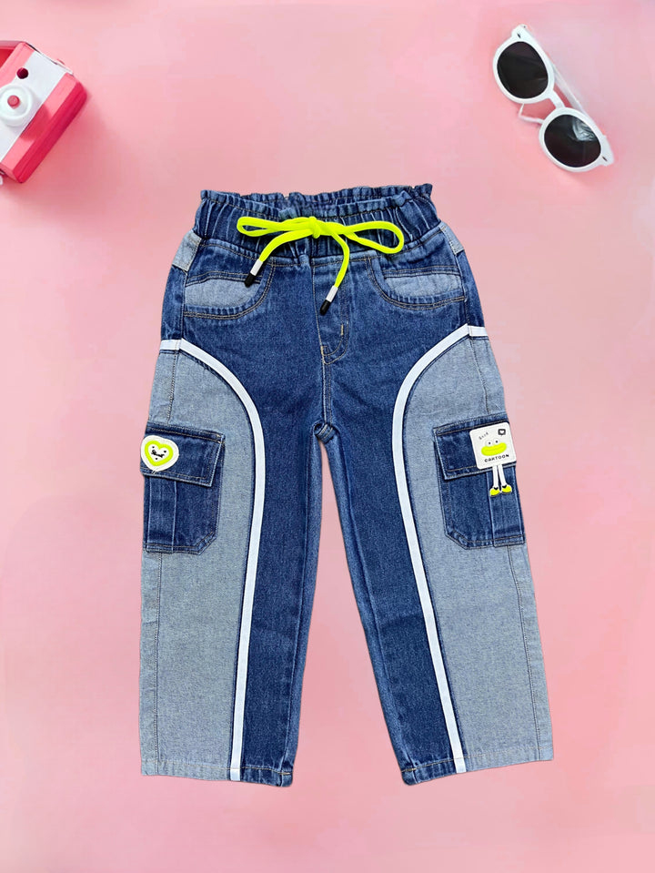 Girls Designer Blue Straight Fit Cargo Pocket Jeans [GJ-898] (1-12Years)