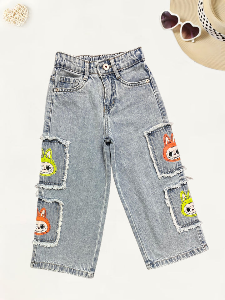 Girls Labubu Cargo Pocket Light Blue Straight Fit Jeans[GJ-932] (4-12Years)