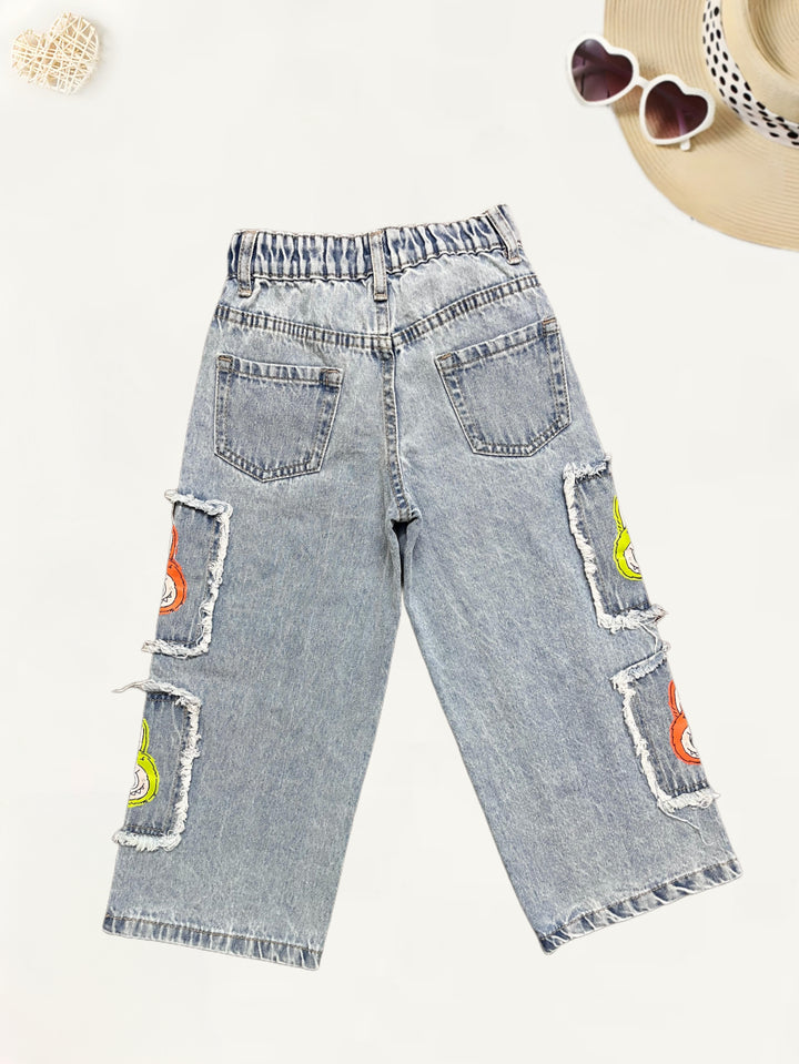Girls Labubu Cargo Pocket Light Blue Straight Fit Jeans[GJ-932] (4-12Years)