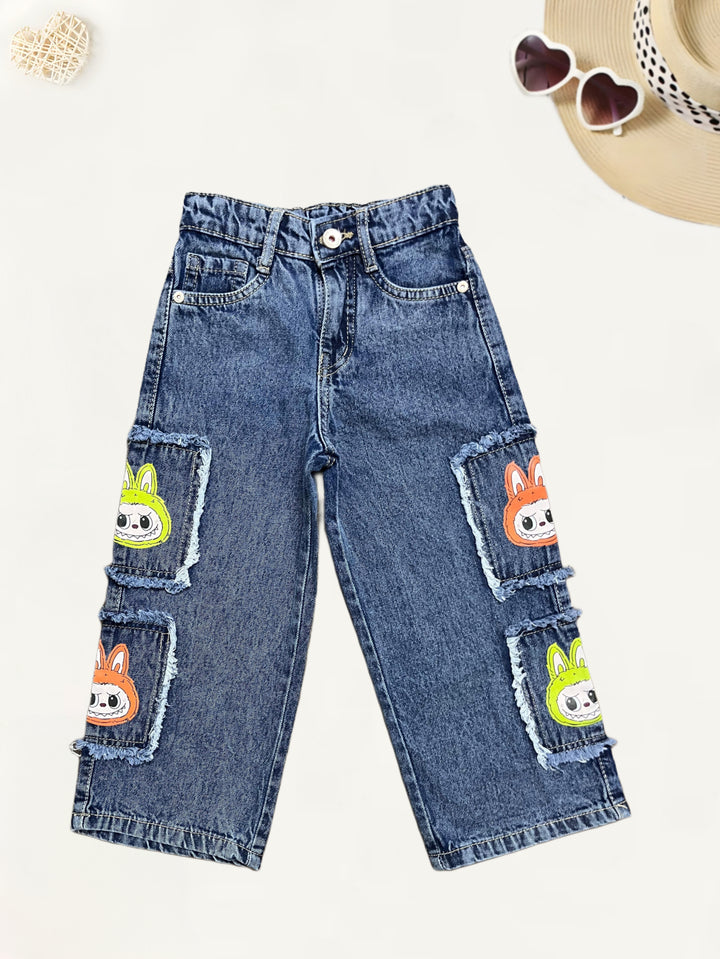 Girls Labubu Cargo Pocket  Straight Fit Jeans[GJ-925] (4-12Years)