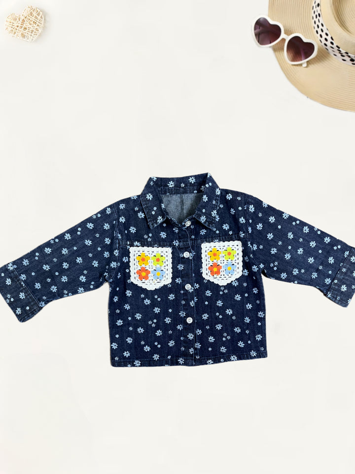 Girl's Dark Blue Denim Printes Co-Ord Set [GCS-6906](4-12 Years)