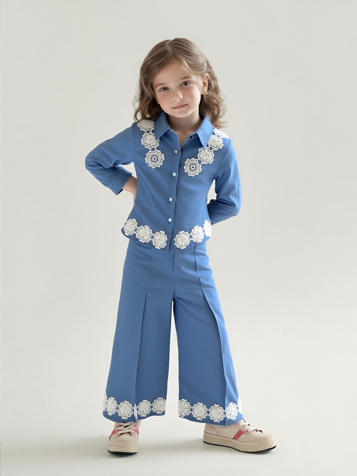 Girl's Soft Denim Flower Co-Ord Set [GCS-6883](4-12 Years)