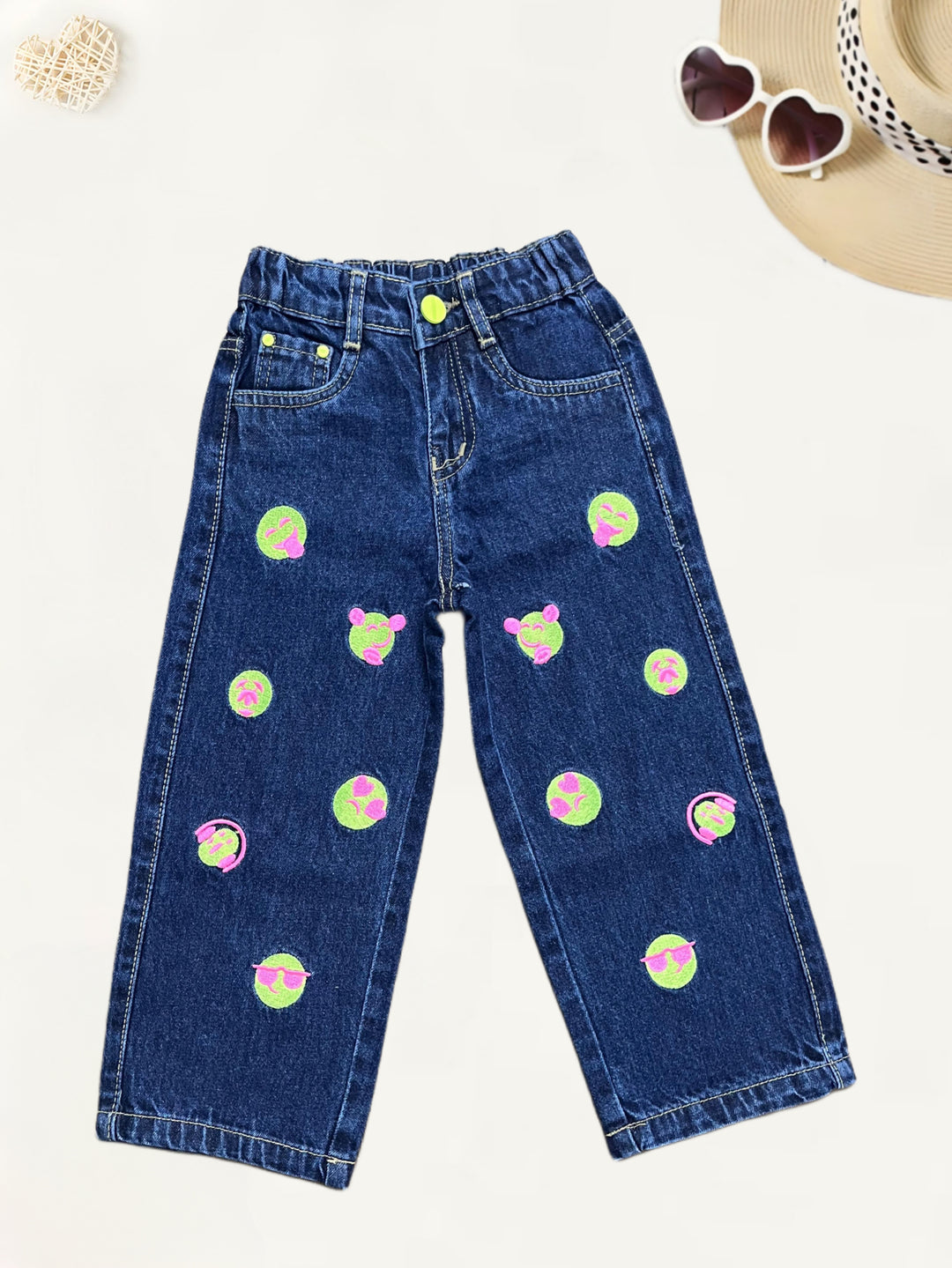Girls Dark Blue Smiley Embroidered Straight Fit Jeans [GJ-962] (1-12Years)