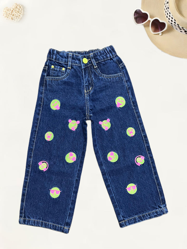 Girls Dark Blue Smiley Embroidered Straight Fit Jeans [GJ-962] (1-12Years)