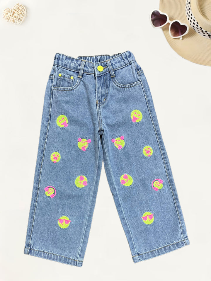 Girls Light Blue Smiley Embroidered Straight Fit Jeans [GJ-963] (1-12Years)