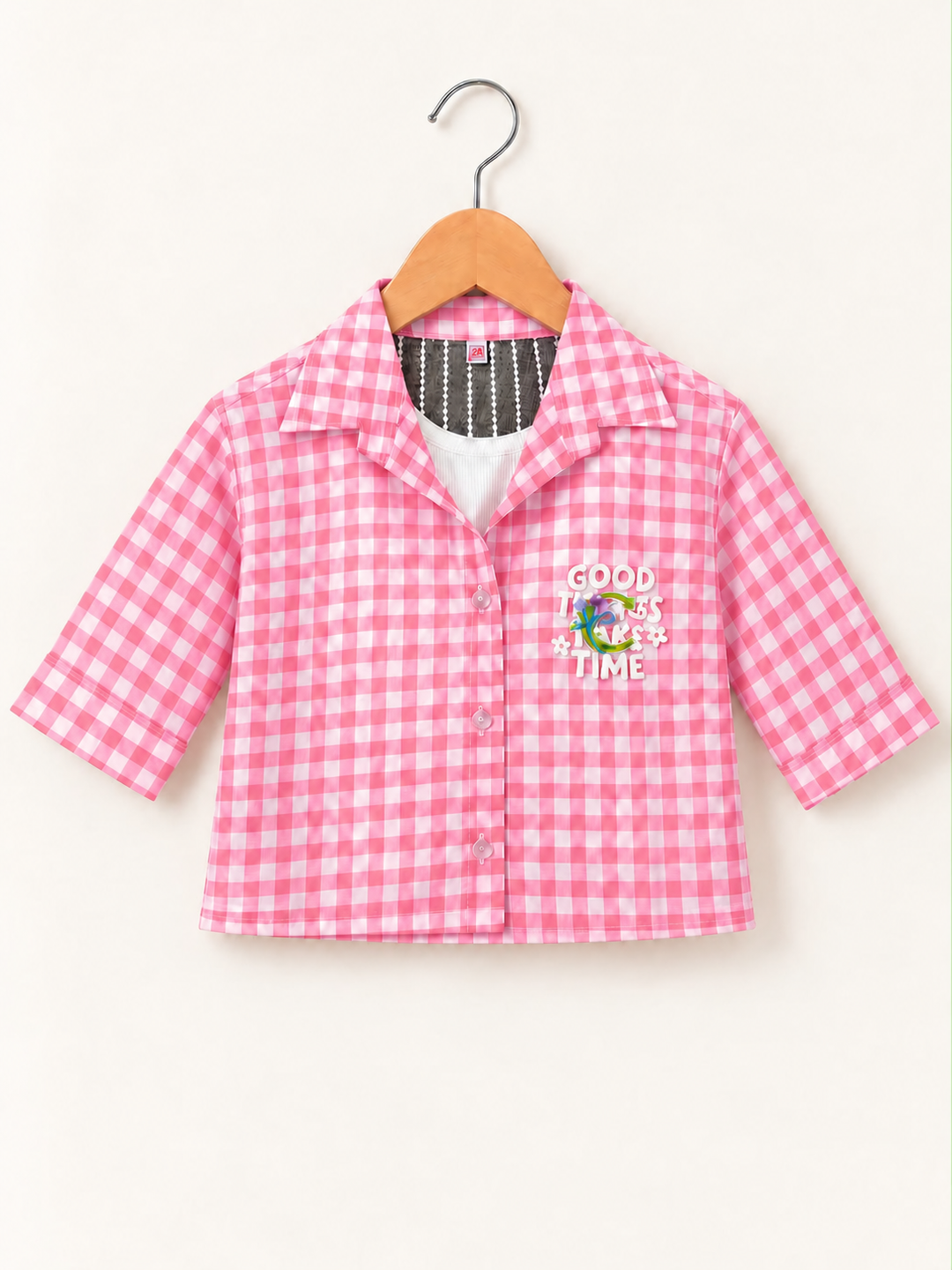 Girl’s Pink Checkered Lace Shirt  [GT-3K-1288] [4-12 Year]