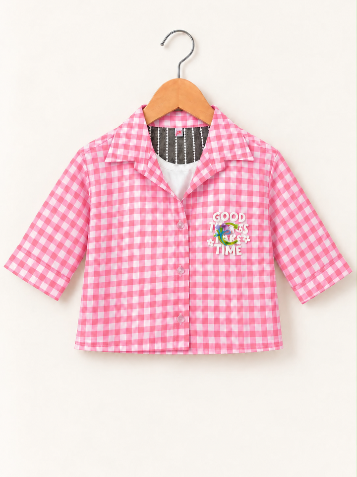 Girl’s Pink Checkered Lace Shirt  [GT-3K-1288] [4-12 Year]