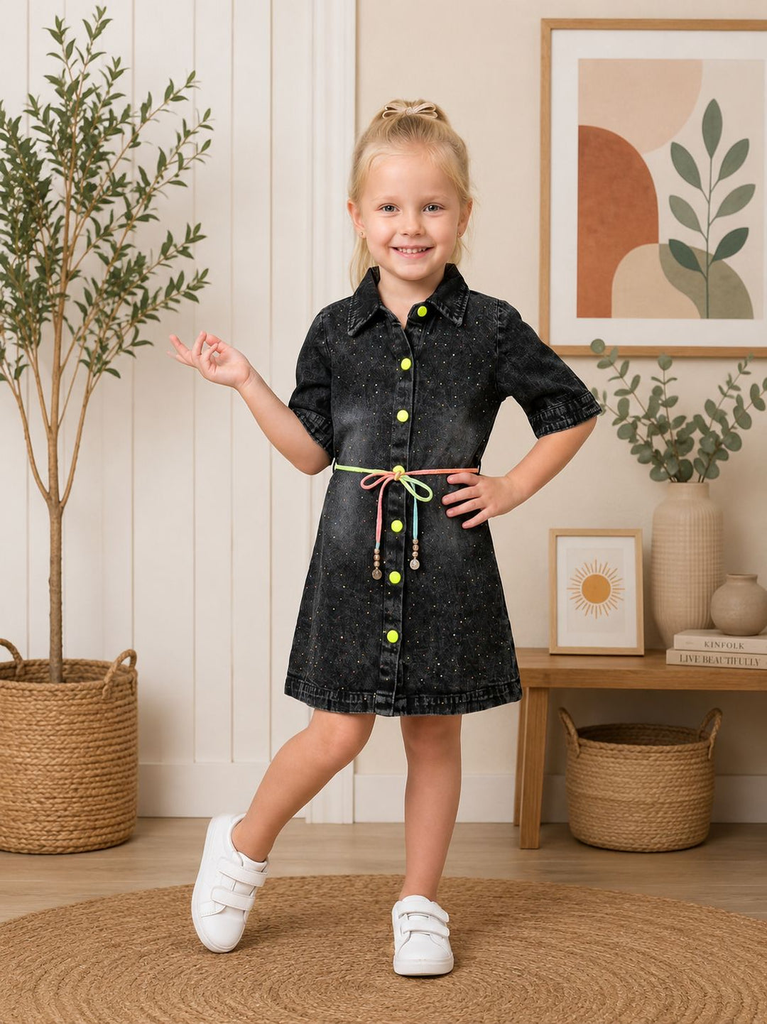 Girls Black Denim Embellished Dress  [GD-5500] (4-12 Years)