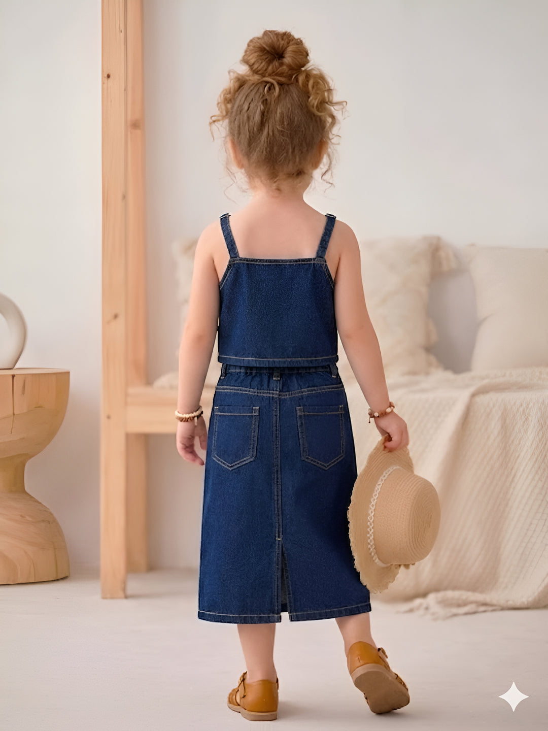 Girl's Dark Blue Denim Flower Co-Ord Set [GCS-8501] (2-8 Years)
