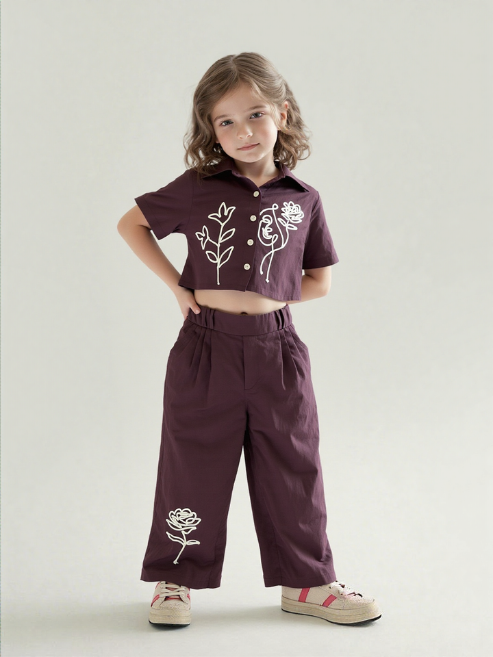 Girls Brown Embroidered Co-Ord Set [GCS-7420] (4-12Years)
