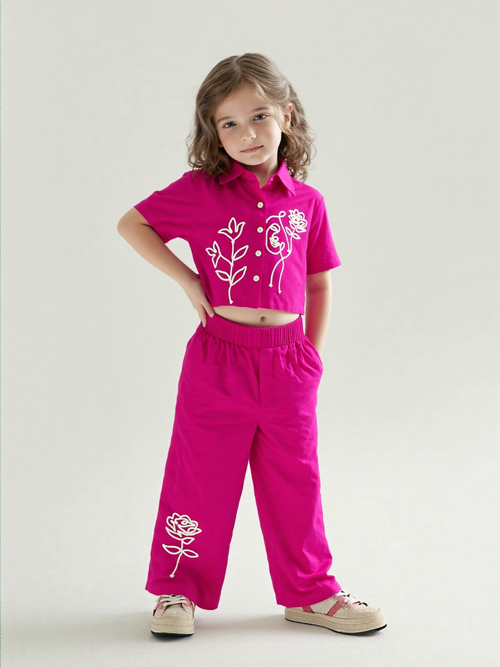 Girls Hot Pink Embroidered Co-Ord Set [GCS-7590] (4-12Years)