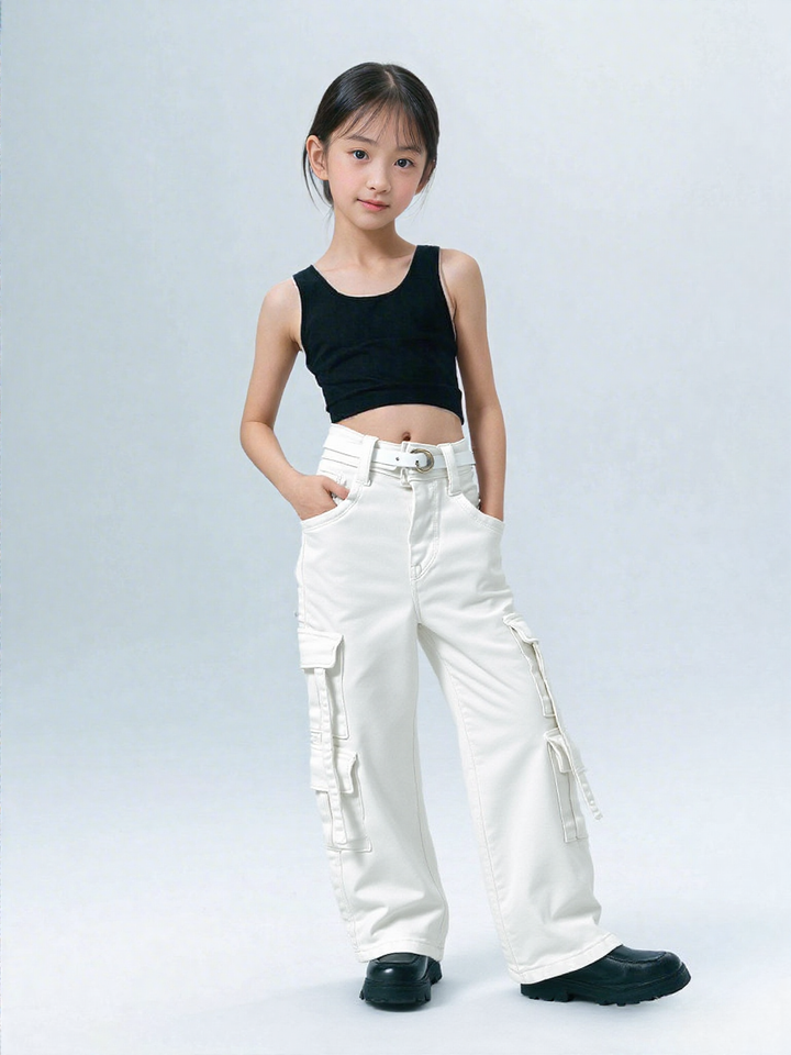 Girls White Cargo Pocket Jeans [GJ-934] (4-12Years)