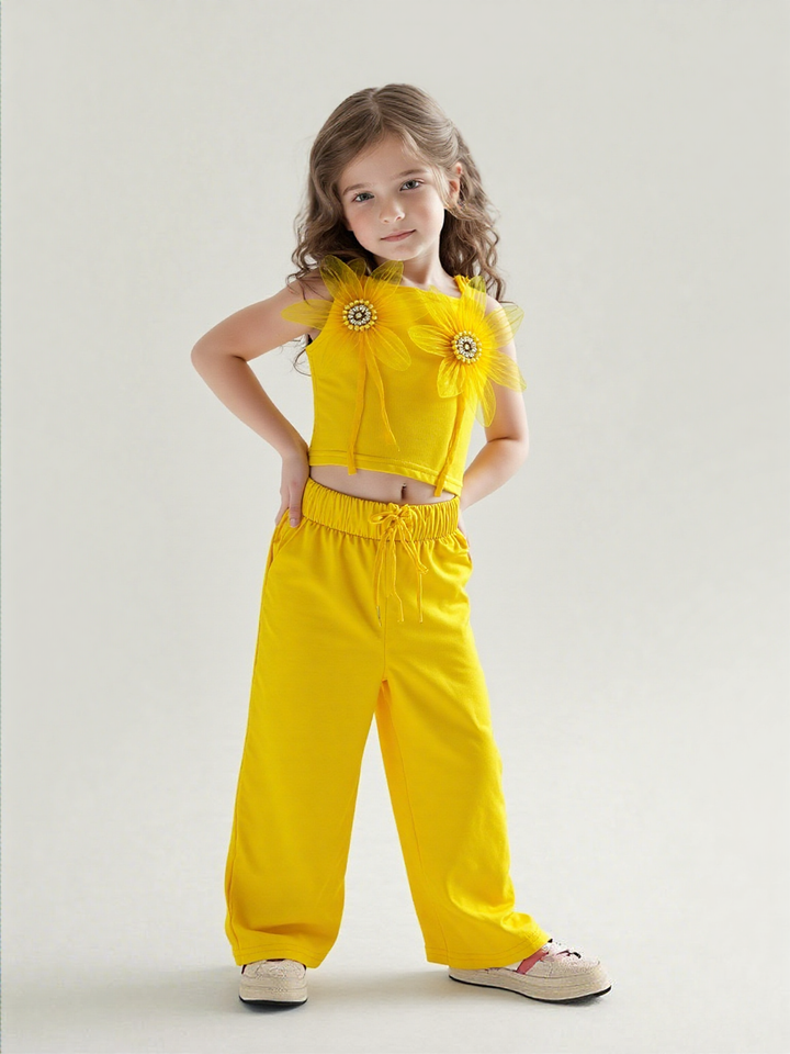 Girls Lemon Yellow Flower Co-Ord Set [GCS-7329](2-8Years)
