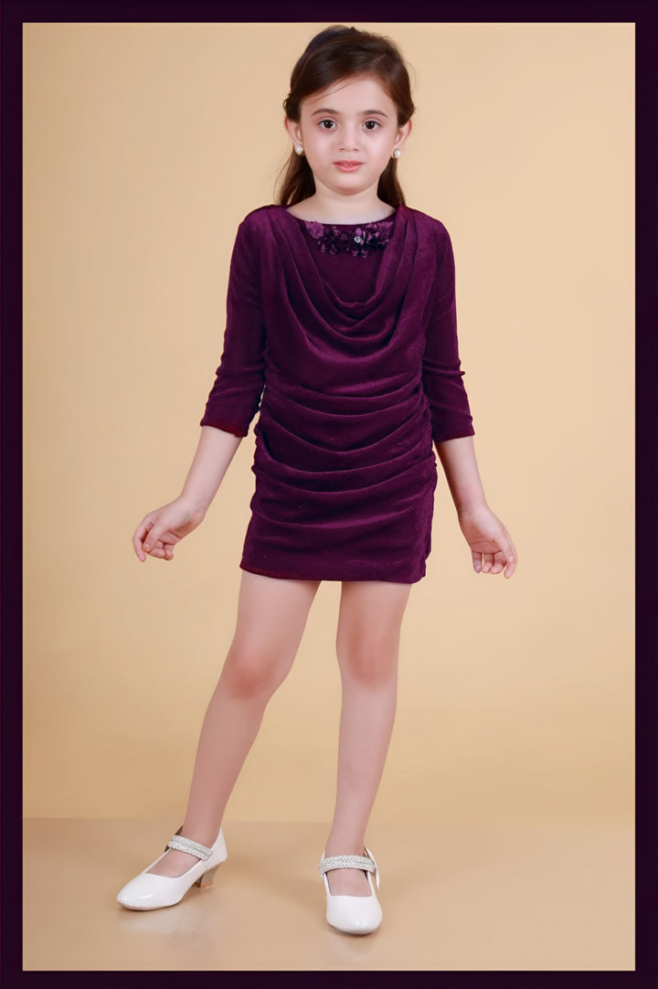 Girls Velvet Party Wear Wine One-Piece [GD-6948] (4-12 Years)