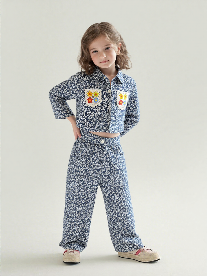 Girl's Light Blue Denim Printes Co-Ord  Set [GCS-6908](4-12 Years)
