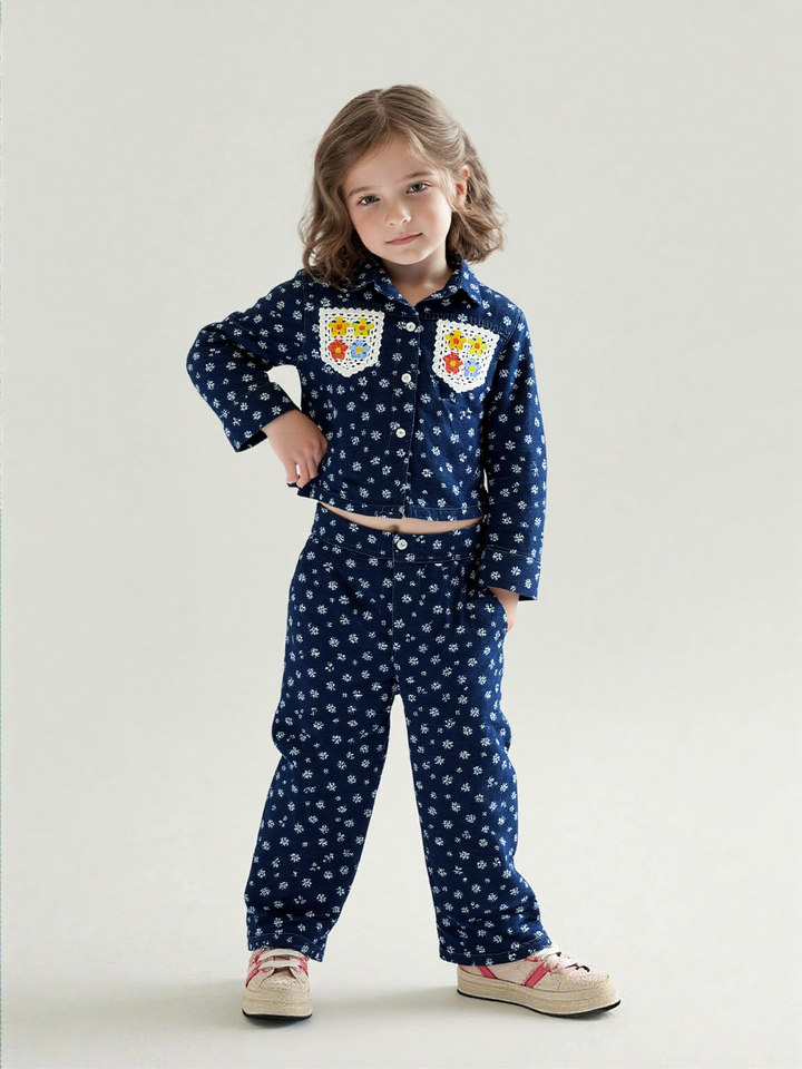 Girl's Dark Blue Denim Printes Co-Ord Set [GCS-6906](4-12 Years)