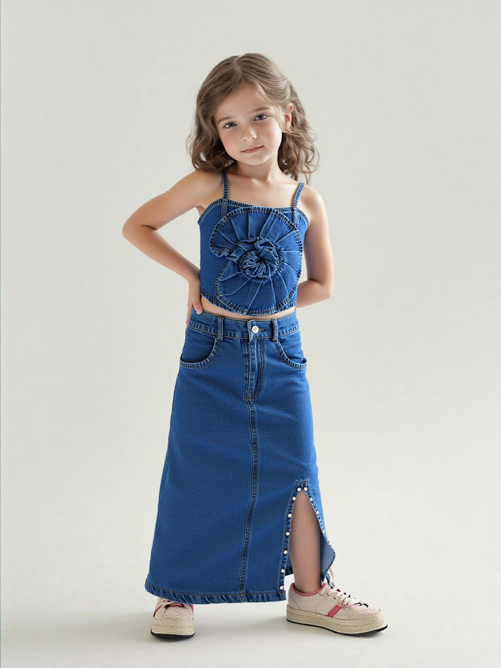 Girl's Medium Denim Flower Co-Ord Set [GCS-6879](4-12 Years)