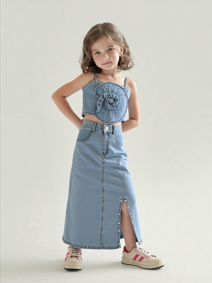 Girl's Light Denim Flower Co-Ord Set [GCS-6880](4-12 Years)