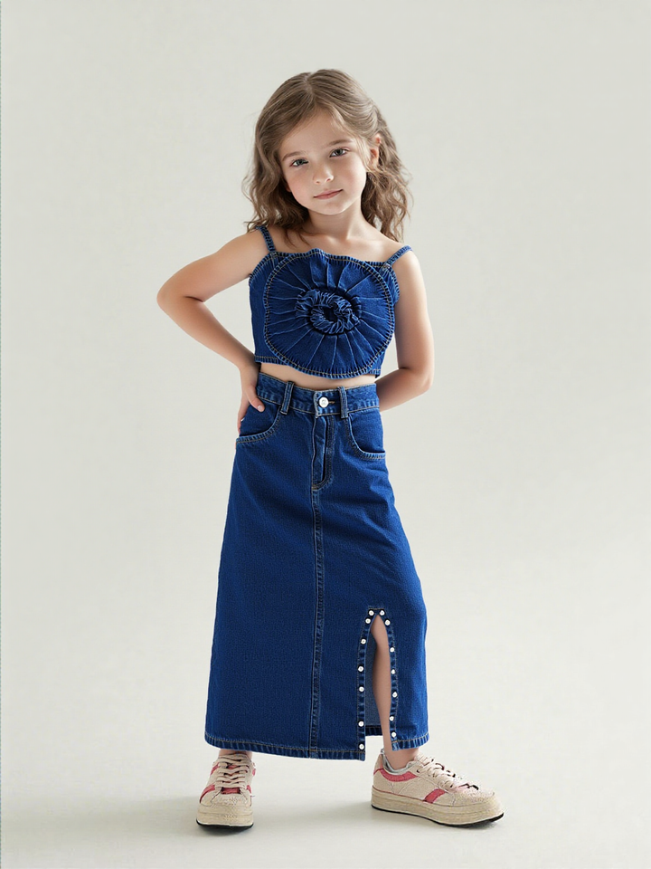 Girl's Dark Denim Flower Co-Ord Set [GCS-6881](4-12 Years)