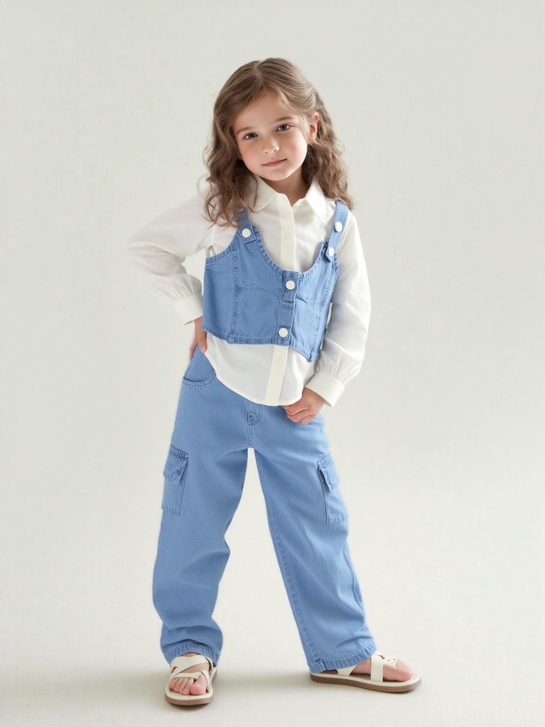 Girl's 3 Piece Light Denim Co-Ord Set  [GCS-6721] (1-12 Years)