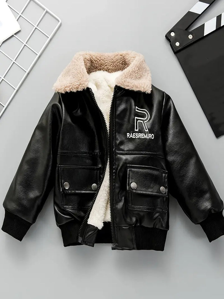 Boy's Black PU Leather Fleece Jacket with Stand Collar, Zip Up Autumn/Winter Coat with Pockets [BT-168] [2 - 12Years]