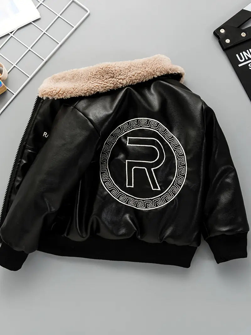 Boy's Black PU Leather Fleece Jacket with Stand Collar, Zip Up Autumn/Winter Coat with Pockets [BT-168] [2 - 12Years]