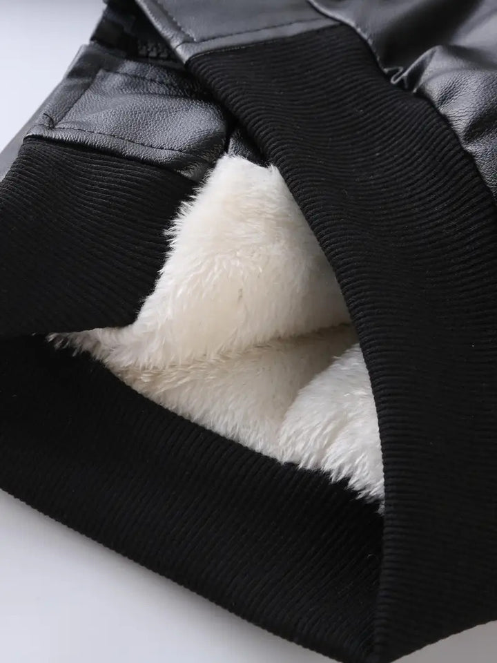 Boy's Black PU Leather Fleece Jacket with Stand Collar, Zip Up Autumn/Winter Coat with Pockets [BT-168] [2 - 12Years]