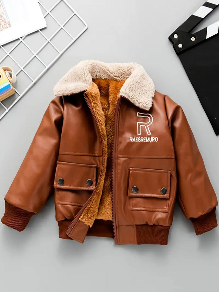 Boy's Brown PU Leather Fleece Jacket with Stand Collar, Zip Up Autumn/Winter Coat with Pockets [BT-167] [2 - 12Years]