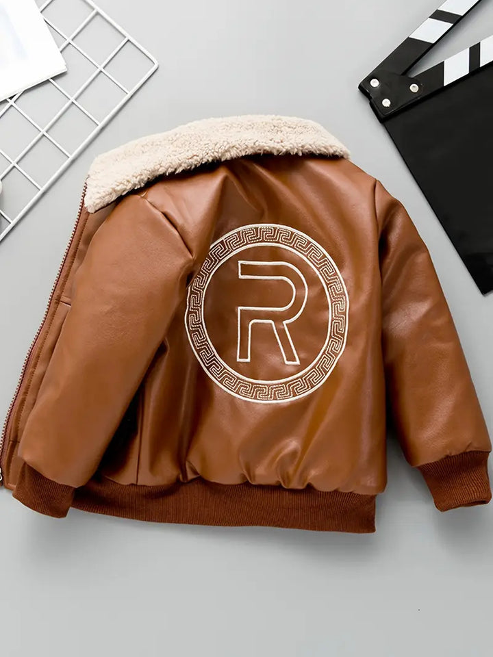 Boy's Brown PU Leather Fleece Jacket with Stand Collar, Zip Up Autumn/Winter Coat with Pockets [BT-167] [2 - 12Years]