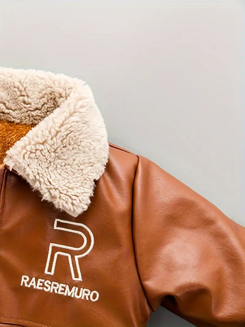 Boy's Brown PU Leather Fleece Jacket with Stand Collar, Zip Up Autumn/Winter Coat with Pockets [BT-167] [2 - 12Years]