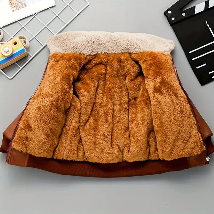Boy's Brown PU Leather Fleece Jacket with Stand Collar, Zip Up Autumn/Winter Coat with Pockets [BT-167] [2 - 12Years]