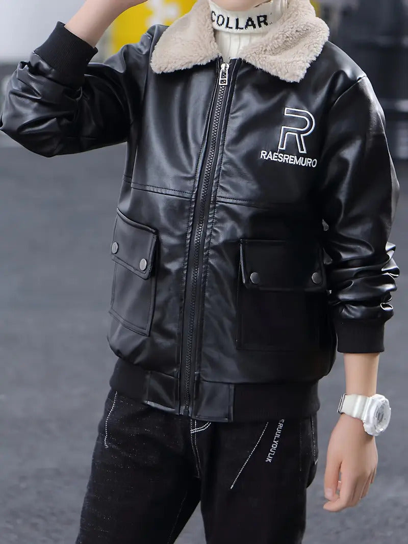 Boy's Black PU Leather Fleece Jacket with Stand Collar, Zip Up Autumn/Winter Coat with Pockets [BT-168] [2 - 12Years]