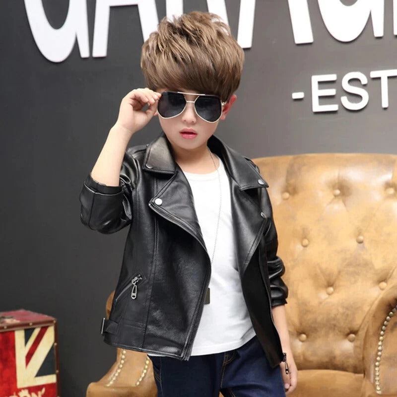 Unisex Black PU Leather Jacket with Cuban Collar, Zip Up Autumn/Winter Coat with Pockets [BT-166] [3 - 11Years]
