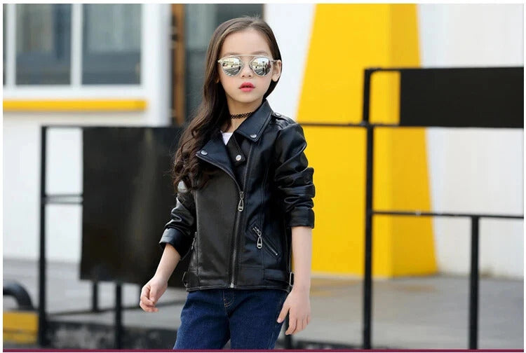 Unisex Black PU Leather Jacket with Cuban Collar, Zip Up Autumn/Winter Coat with Pockets [BT-166] [3 - 11Years]