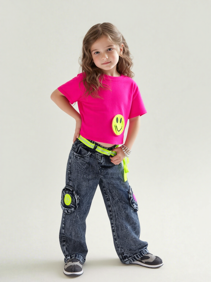 Girl's Smiley Hot Pink Co-Ord Set [GCS-6553](4-12 Years)