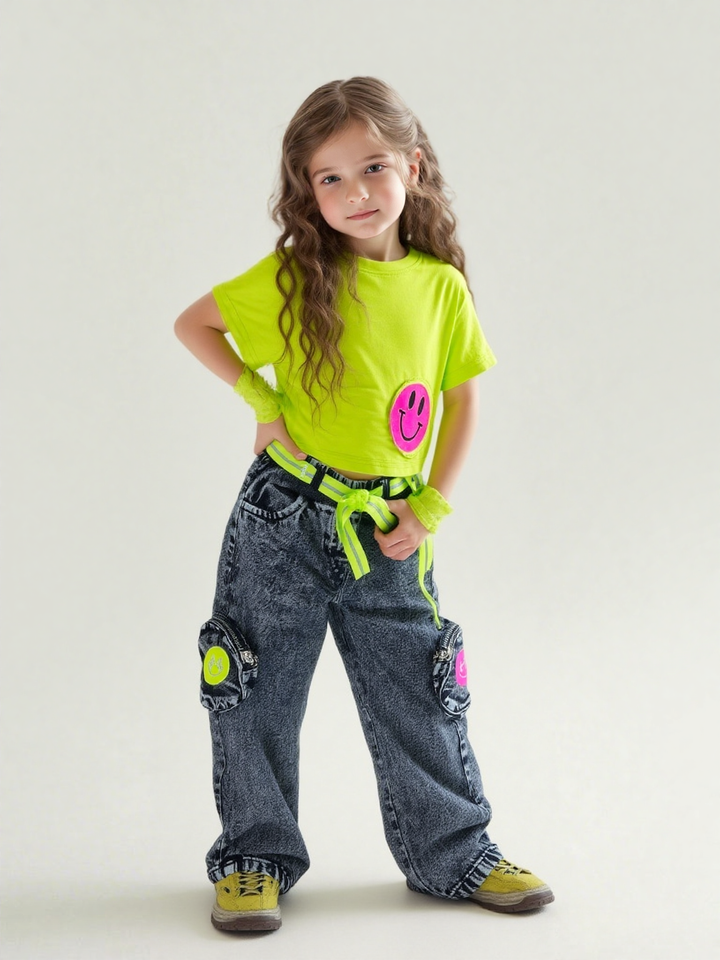 Girl's Smiley Neon Green Co-Ord Set [GCS-6552](4-12 Years)