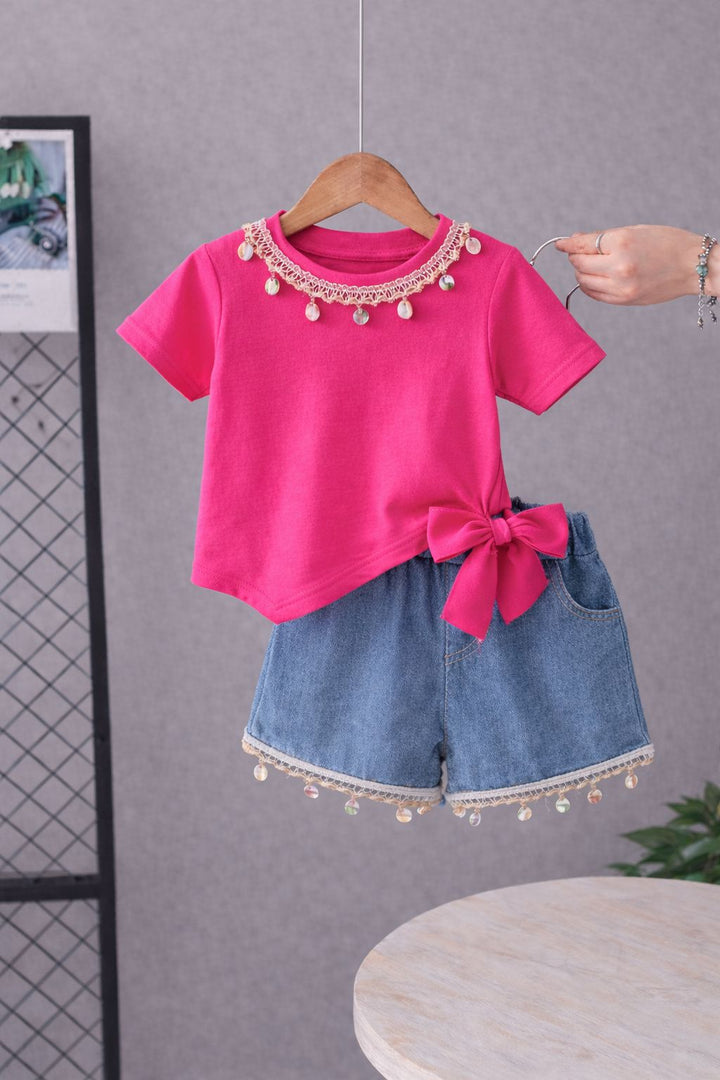 Girls Hot Pink Co-ord Set Asymmetric Knotted Top with Shell-Trim Denim Shorts [GCS-6493] (2-6 Years)