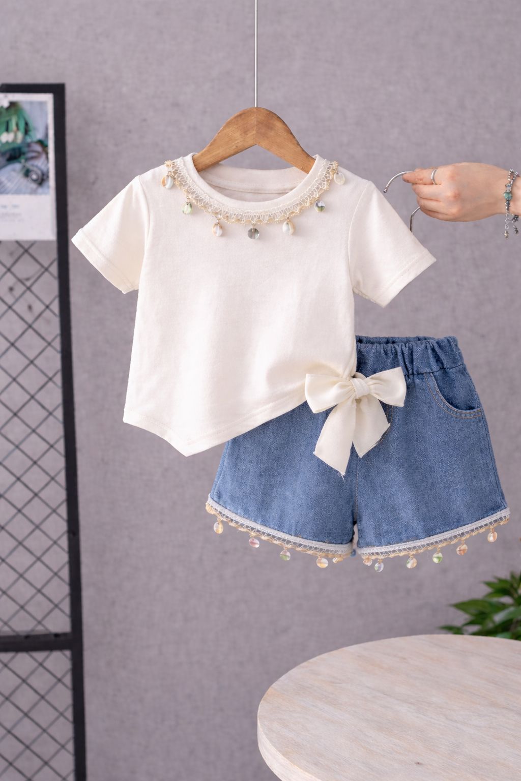 Girls Asymmetric Knotted Top with Shell-Trim Denim Shorts Co-Ord Set [GCS-6492](2-6 Years)