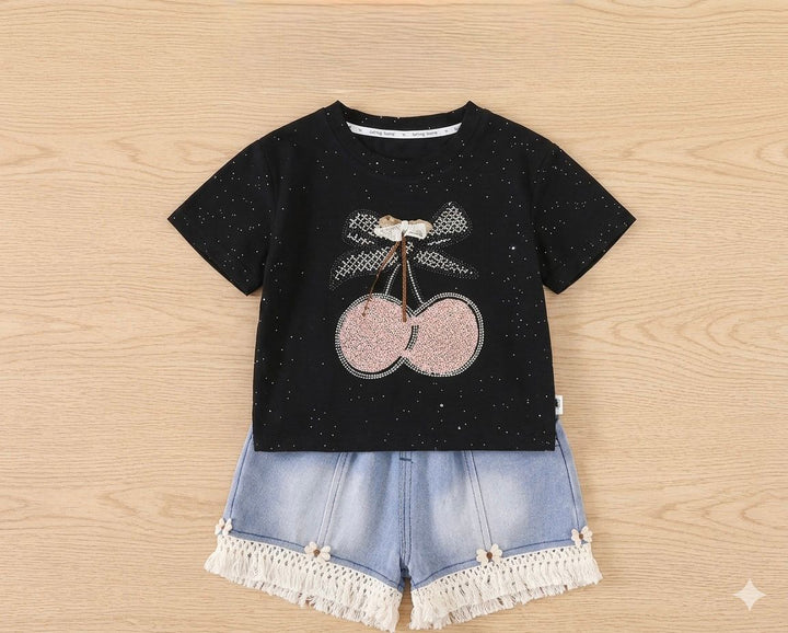 Girl's Black Cherry Rhinestone 2-Piece Co-Ord Set [GCS-8329] (2-8 Years)