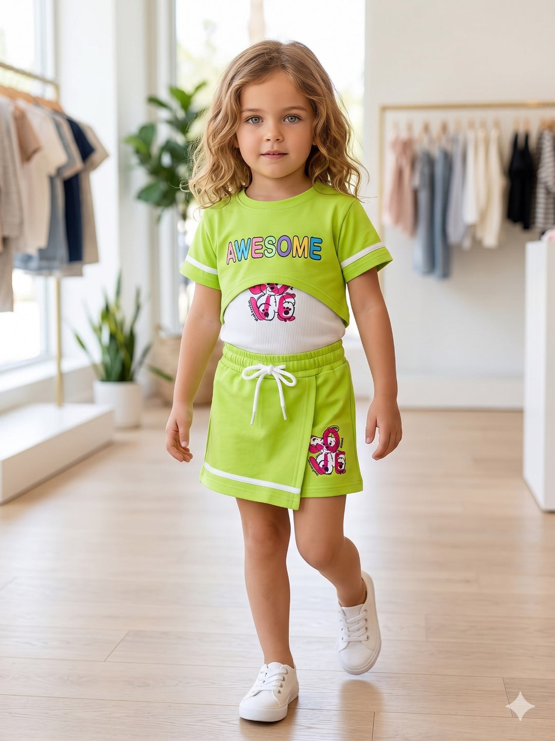 Girl's Funky Neon Green Co-Ord Set with Skort [GCS-5874] (4-12Years)