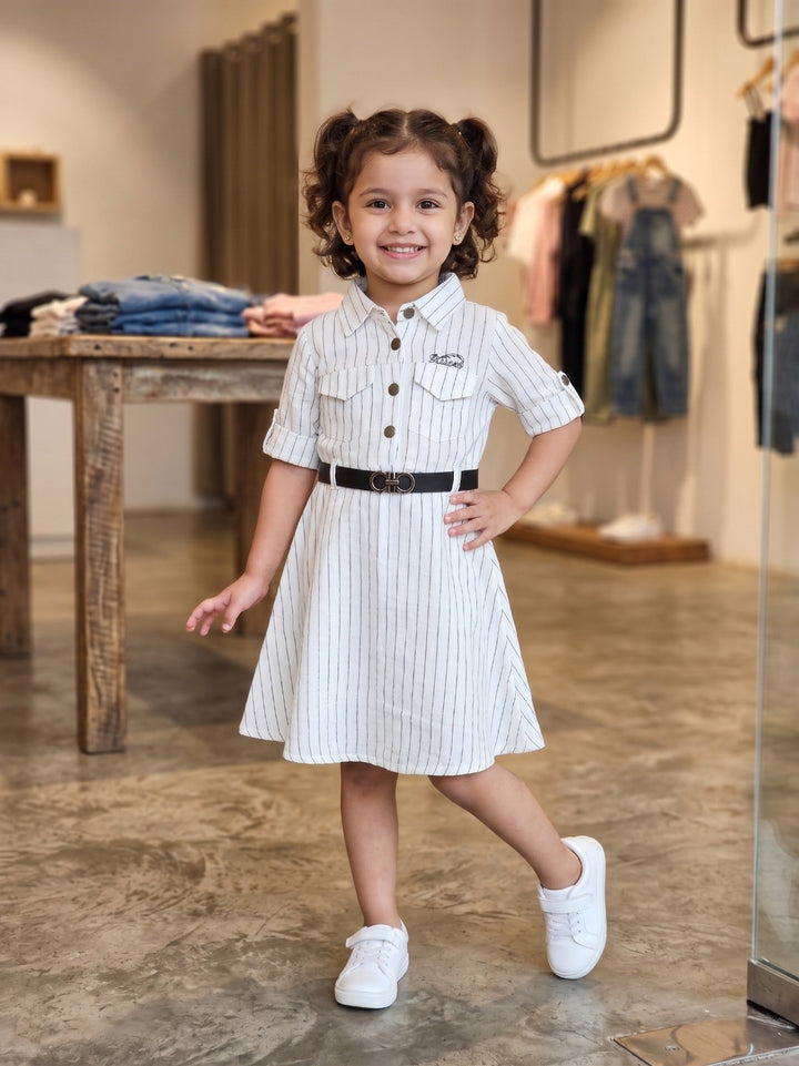 Girls White Striped Onepiece with Belt [GD-3564] (3-12Years)