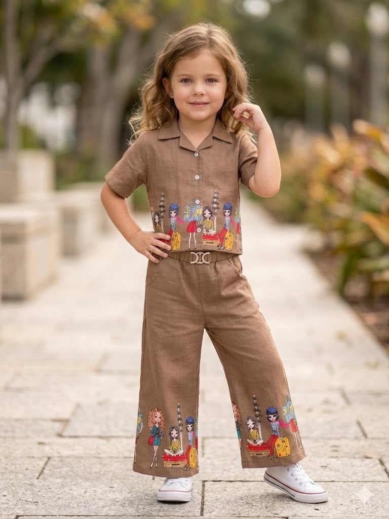 Girls Printed Brown Cotton Co-Ord Set [GCS-6815] (4-11 Years)