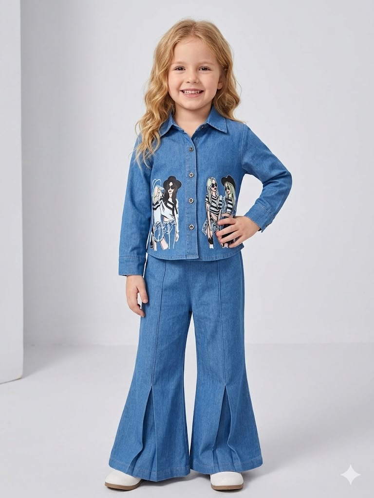 Girl's Medium Blue Denim Co-Ord Set [GCS-8657] (4-12 Years)